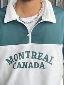 Ngobest Haus Ngobest Haus 男士套头四分之一拉链卫衣，字母印花拼接设计，时尚长袖宽松轻薄卫衣，春秋季款 - 軍綠色 - 查看 4