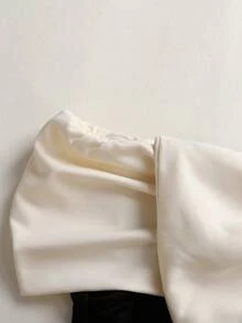 SHEIN 少女春夏休闲优雅大蝴蝶结装饰露肩撞色褶皱印花针织中长连衣裙，黑色和杏色 - 黑色 - 查看 8