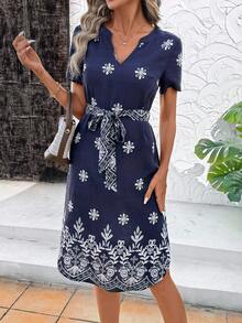 SHEIN Clasi 女士优雅亚麻V领系带印花中长连衣裙，夏季度假装 - 彩色 - 查看 4