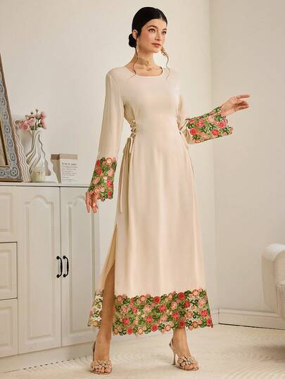 Al Najma 女士优雅花卉蕾丝拼接收腰长裙，端庄优雅，适合度假、春秋季穿着。