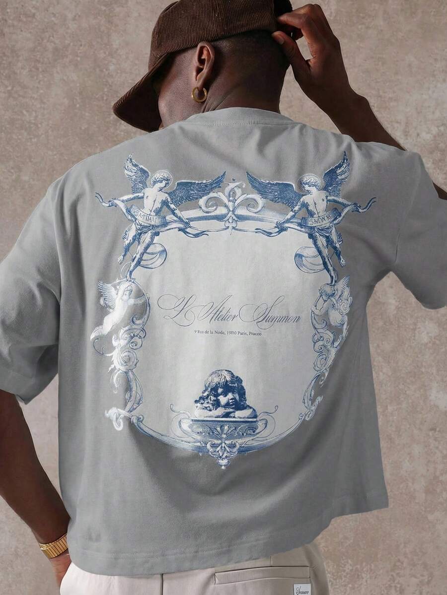 SUMWON 男士巴洛克印花鼠尾草绿短袖T恤，修身剪裁，饰有精美天使印花图案 - 藍色 - 查看 1