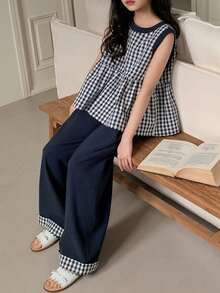 DAZY Tween Girl Plaid Round Neck Ruffle Hem Sleeveless Shirt And Pants Casual Outfit - Navy Blue - View 5