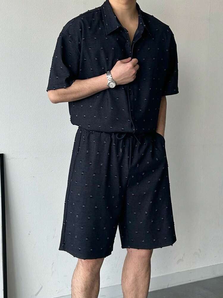 Men's Summer Casual Vacation Daily Commute Simple Solid Swiss Dot Short Sleeve Shirt And Drawstring Waist Shorts Set
