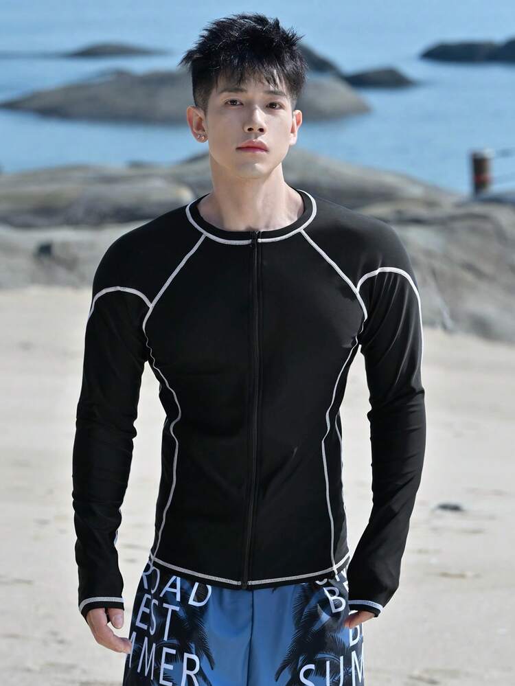 Men's Swimwear With Contrast Color Blocking And Decorative Lines, Summer