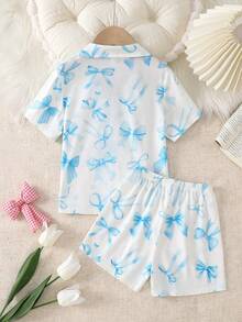 Bộ áo cardigan ngắn tay và quần short màu hồng in nơ dành cho bé gái, chất liệu chống cháy. - Màu xanh nhạt - Xem 2