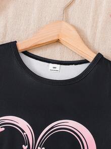 2pcs/Set Girls Pink And Black Summer Casual Heart Butterfly Print Short Sleeve Top,Pink Plaid Shorts,Loose Comfy Big Kids Sleepwear Homewear,Pe - Multicolor - View 7
