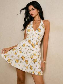 Poéselle Robe dos nu à col ras-du-cou avec imprimé floral sexy et élégante, convient pour les vacances d'été - Jaune citron - Voir 8