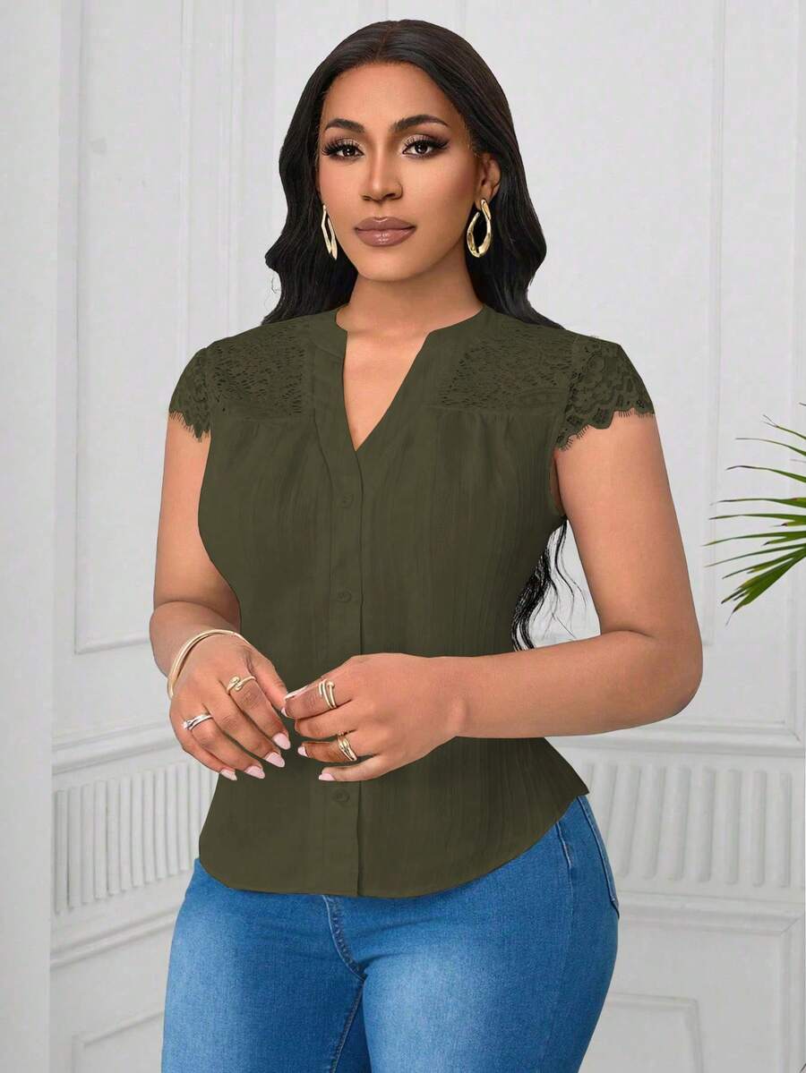 SHEIN Clasi Plus Size Contrast Lace V-Neck Textured Fabric Blouse - Army Green - View 1