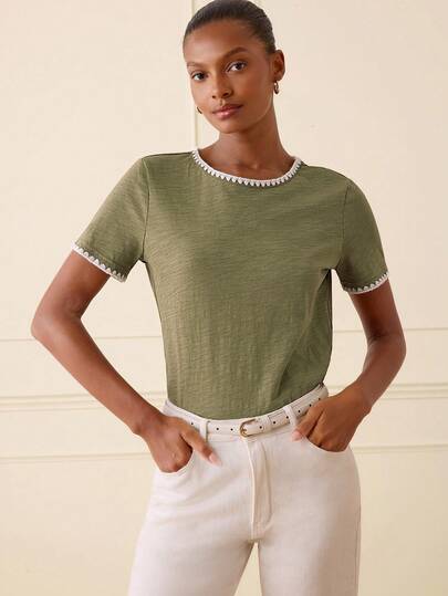 Lilora Women's Casual Contrast Stitch Binding Short Sleeve T-Shirt, Suitable For Summer Holiday And Daily Commute