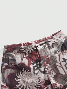 ROMWE 复古新款中国风汉字花卉拼接设计超低腰迷你牛仔短裤 - 彩色 - 查看 3