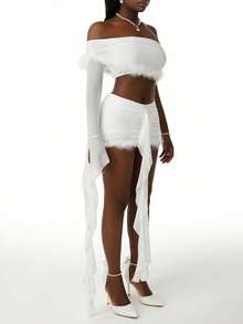 Amplova Conjunto de 2 piezas para mujer, top corto de un hombro de manga larga con textura esponjosa y minifalda ajustada con volantes, todo blanco, ropa de fiesta, otoño, estilo años 70, cumpleaños, Y2K - Blanco - Ver 1