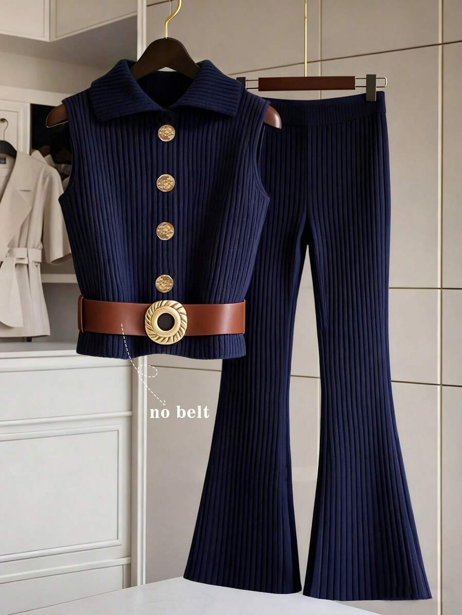 Chiquease 女士休闲优雅日常百搭纯色翻领肩章无袖修身金属纽扣假门襟套头衫搭配高腰弹力修身喇叭裤针织衫两件套，春夏款 - 藍色 - 查看 1