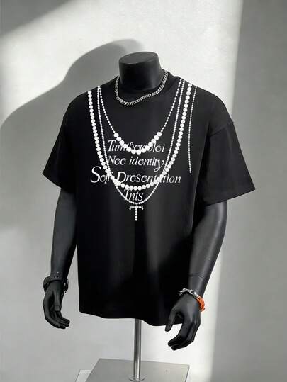 Manfinity 男士上衣，创意英文字母印花，数码印花工艺，休闲百搭宽松男士上衣，时尚男士T恤，送给他的礼物，送给男朋友的礼物，2026春夏新款男士短袖上衣。