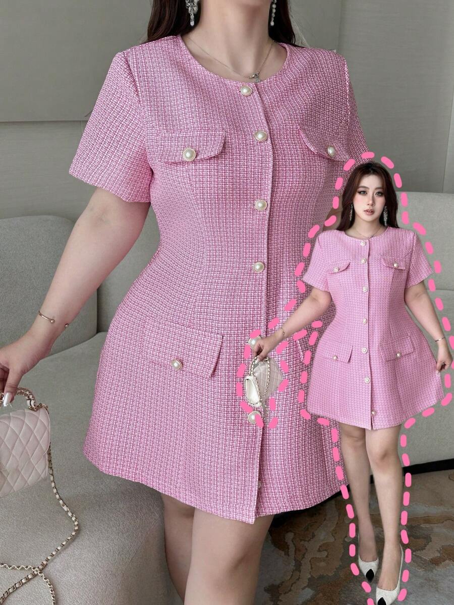 Vibekara Plus Size Round Neck Short Sleeve Elegant Front Button Summer Dress - Pink - View 1