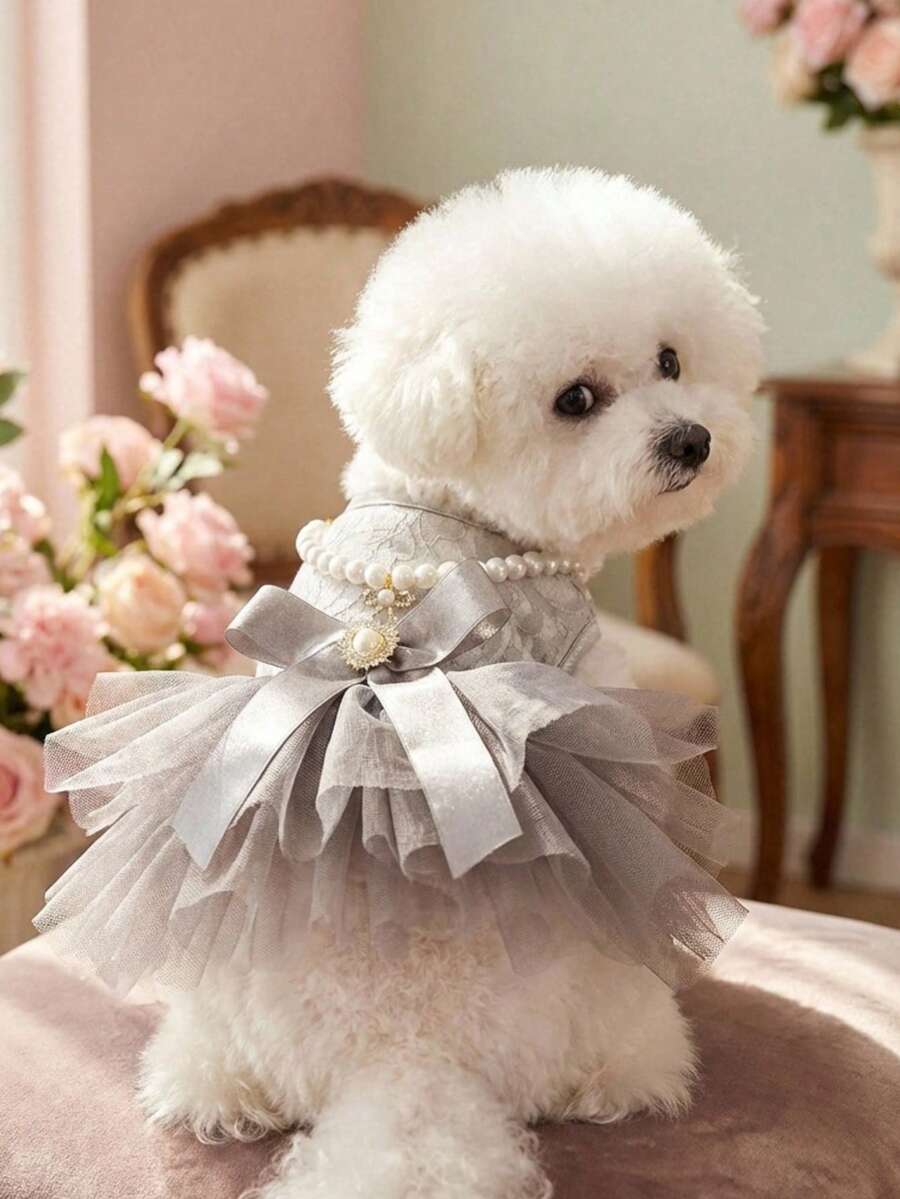 PETSIN 1 Piece Of Clothing For Cats/Dogs, Decorated With Pearl Necklace Dress, Spring And Summer Pet Gray Fluffy Gauze Skirt - Grey - View 1