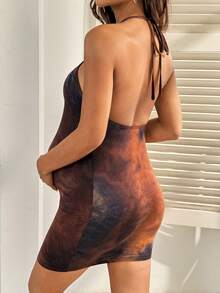 SHEIN 孕妇吊带系带褶皱优雅派对连衣裙 - 棕色 - 查看 2