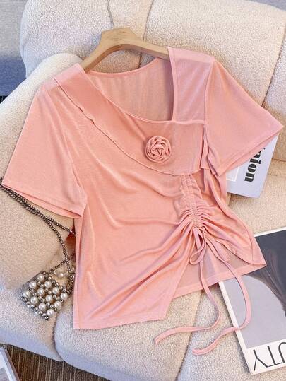 GlowEve CURVE Plus Size Women Crew Neck Drawstring Waist Embroidered Fitted Short Sleeve T-Shirt