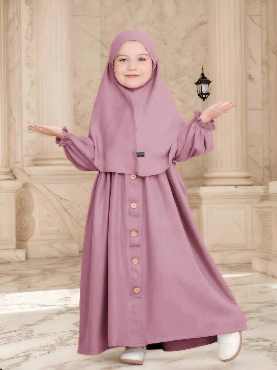Girls Modest Patch Ruffle Trim Long Sleeve Robe Robe With Headscarf, Suitable For Spring & Autumn Purple Lilac Dress Long Kids Kids Abaya Dress Muslim Girl Dress Girls Modest Dress - Dusty Purple - View 1