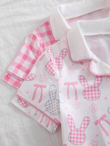 Conjunto de pijama de 4 piezas para niñas con estampado a cuadros y diseño de conejo, con polo de cuello corto y pantalones cortos - Multicolor - Ver 6