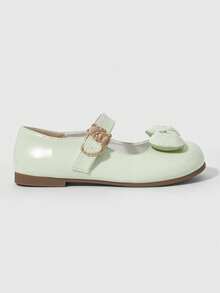 ROMWE Kawaii 女士时尚透明蝴蝶结装饰平底甜美玛丽珍小皮鞋套脚乐福鞋软底裙装鞋 - 綠色純色+波點蝴蝶結 - 查看 2