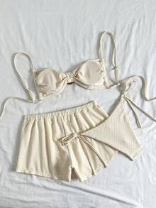 Swim Vcay Conjunto de bikini de 3 piezas para mujer con traje de baño de pantalón corto con cordón de corte alto, decoración de concha dorada y tirantes de espagueti, para primavera/verano 2026 - Albaricoque - Ver 2