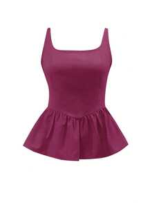 INAWLY Women's Casual Solid Color Ruffle Hem Camisole Top, Summer - Hot Pink - View 3