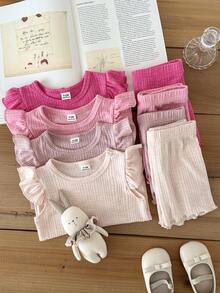 SHEIN Bộ 8 món cho bé gái 0-3 tuổi, mùa xuân/hè, kiểu dáng thường ngày, dễ thương, màu trơn, dệt kim tay ngắn bất đối xứng và quần short. - Nhiều màu - Xem 7