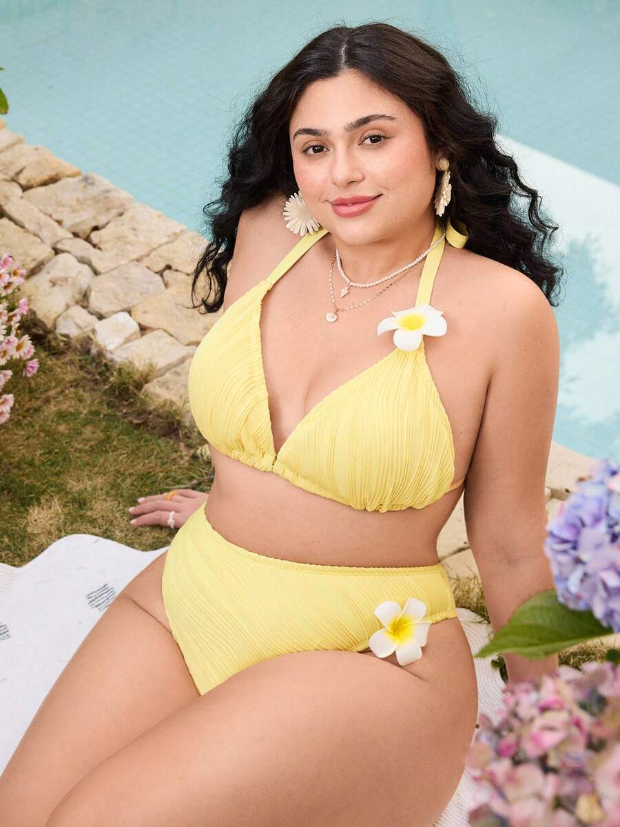 Swim Mod 2026新款夏季海滩度假多巴胺黄纹理三角杯加大码女式泳装套装，甜美节前加大码女式泳装套装 - 鵝黃色 - 查看 1