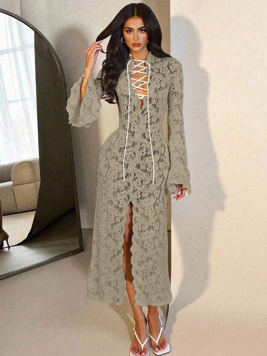 Zolique 秋季新款优雅女士深V吊带喇叭长袖毛绒厚蕾丝连衣裙，开领设计，适合派对、婚礼、约会和外出等场合。 - 灰色 - 查看 1