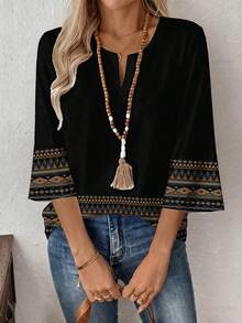 EMERY ROSE 女士七分袖V领工作衬衫，春秋季 - 黑色 - 查看 5