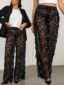 SHEIN Tall Quần ống rộng xuyên thấu đính sequin, cạp chun có dây rút, thích hợp cho tiệc tùng, lễ hội, dạ hội, các dịp đặc biệt, có chi tiết tua rua, quần ống rộng tua rua, quần đính sequin, quần tua rua, quần trong suốt. - màu đen - Xem 11