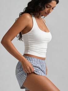 INAWLY Solva Women's Solid Color Square Neck Sleeveless Fitted Casual Cropped Tank Top - White - View 7