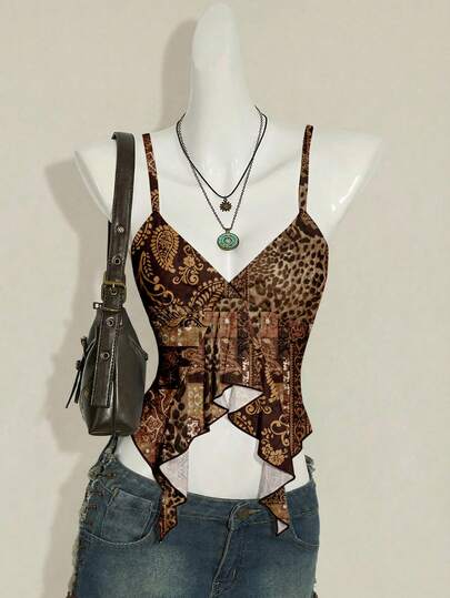 SHEIN ICON Camiseta sin tirantes asimétrica con estampado de leopardo, de estilo minimalista, bohemio, elegante, romántico y retro Y2K, para festivales de música, atuendo de playa, salida de verano