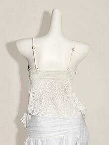 Swim Mod Women's Casual Vacation Apricot Lace Fabric Shell Tape Splicing Front Wavy Ruffle Tie Bikini Top, Summer - Apricot - View 2