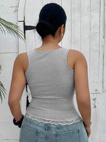 Dazy Plus 大码女式夏季休闲蕾丝拼接吊带背心 - 灰色 - 查看 2