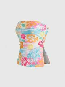 ROMWE Avant Top corto tipo tubo con estampado floral y diseño de abertura en el bajo, estilo de vacaciones en la isla - Multicolor - Ver 1