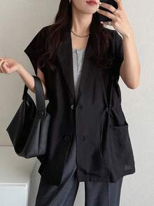 FRIFUL Women's Solid Color Drawstring Commuter Blazer - Black - View 3