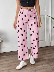EMERY ROSE Plus Size Women's Fashion Print Denim Jeans, Black & White Graphic Straight Leg Jeans - Pink - View 1