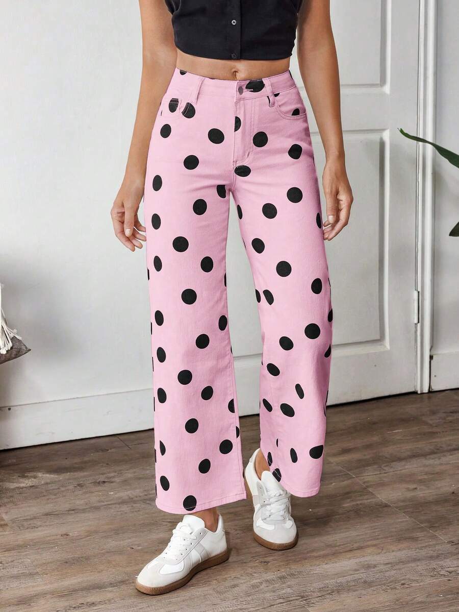 EMERY ROSE Plus Size Women's Fashion Print Denim Jeans, Black & White Graphic Straight Leg Jeans - Pink - View 1