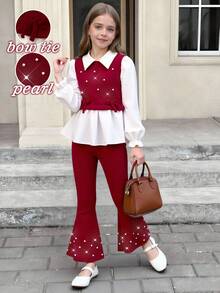女童休闲衬衫套装，酒红色，蝴蝶结装饰，串珠，罗纹针织和梭织面料，长袖翻领荷叶边下摆衬衫搭配酒红色珍珠喇叭裤，2 件套，适合返校季，休闲、时尚、甜美、舒适的装扮 - 酒紅色 - 查看 1