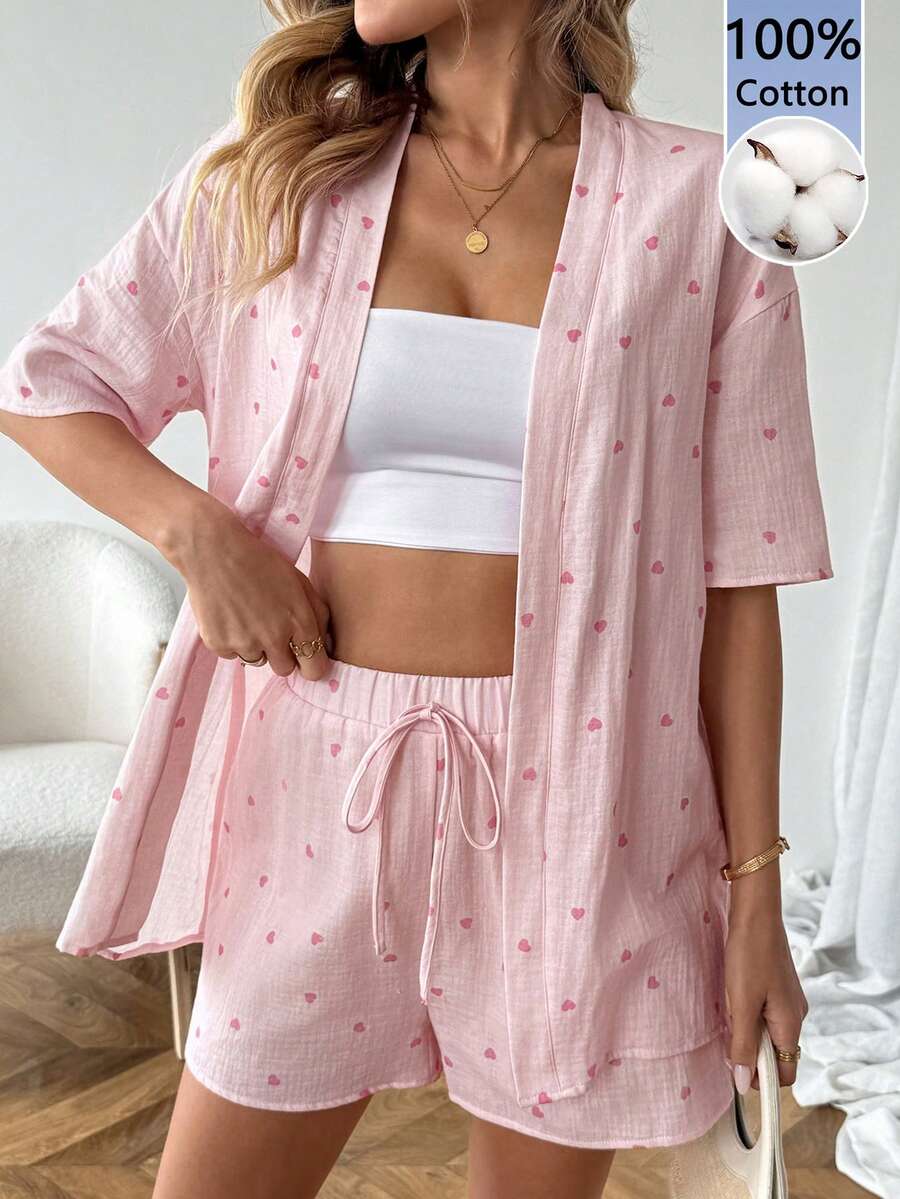 SHEIN LUNE 两件套女士休闲100%纯棉爱心印花短袖开衫和短裤套装 - 彩色 - 查看 1