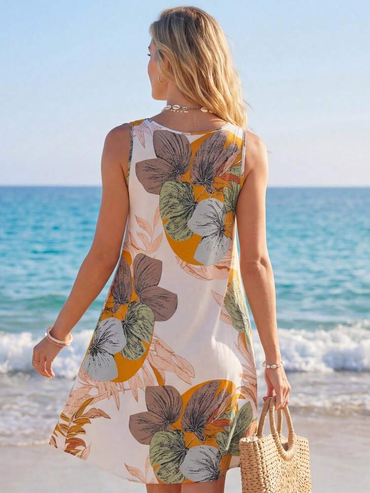 Women's Floral Print Round Neck Pocketed Sleeveless Casual Dress,Vacation