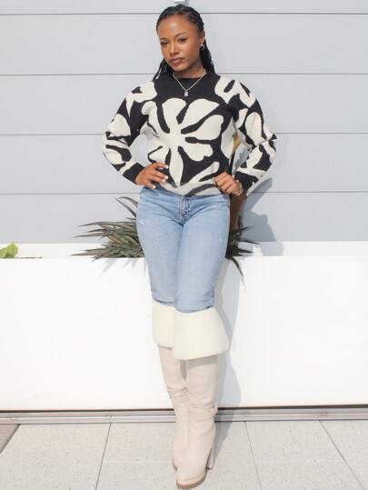 Steph T 女士优雅新款休闲通勤办公室装，黑色和米色花卉图案宽松圆领长袖针织毛衣，秋季女装，女士冬装，女士教师装，舒适秋季