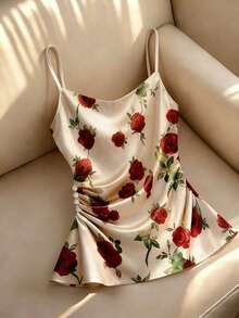 SHEIN Franclia Áo hai dây không tay cổ chữ V chéo bằng satin cao cấp cho mùa xuân và hè, áo dành cho ngày Valentine, áo ren họa tiết hoa hồng mang lại cảm giác sang trọng. Thiết kế xếp ly độc đáo và tinh tế. Áo hai dây satin màu sâm panh với phần eo xếp ly, và áo satin ôm sát màu mơ. Thích hợp cho kỳ nghỉ hè, mùa xuân, ngày Valentine. - Nhiều màu - Xem 4