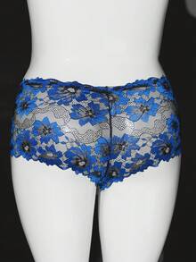Seduluxe Plus Size Women Sexy Romantic Floral Lace Sheer Panties - Blue - View 2