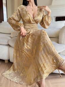 DAZY V-Neck Jacquard Long Sleeve Dress, Waist Cinching Slimming Long Sleeve Pleated Dress Wedding Guest Dress Sundress - Khaki - View 6