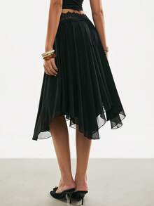 Poéselle Women's Elegant Contrast Lace Asymmetric Hem Skirt, Suitable For Dates And Commuting  Elegant Skirt  Valentine's Day Outfit  Daily & Date Night Essential   From Spring To Summer   Valentine's Day Outfit - Black - View 6