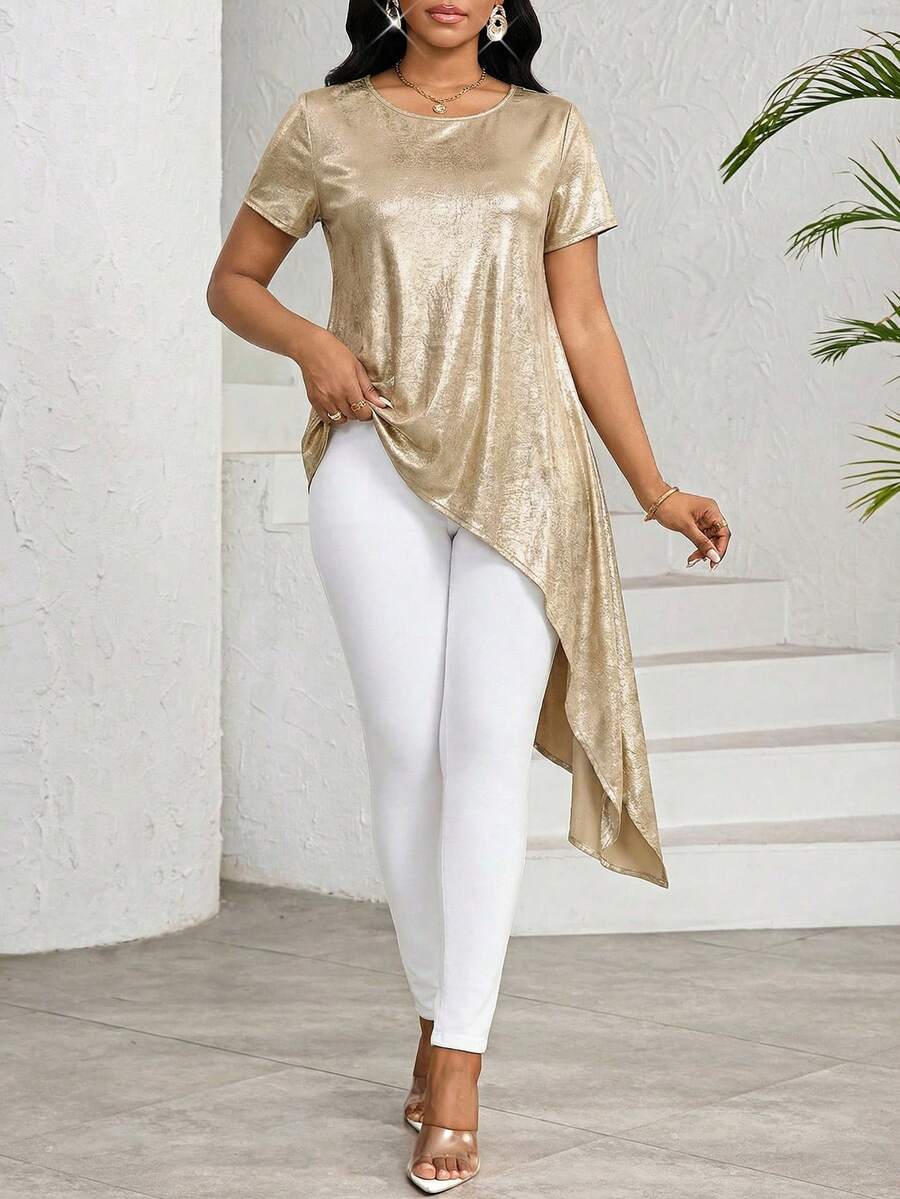 SHEIN Lady 女士金属质感圆领短袖不对称下摆休闲衬衫 - 金色 - 查看 1