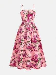 SHEIN Tween Girl Ditsy Floral Sleeveless Mid-Length Dress, Pastel Pink - Pink - View 2