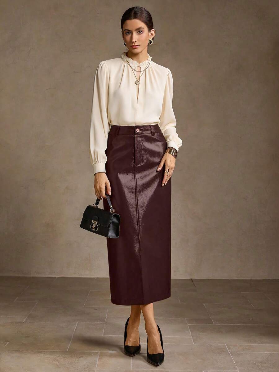 MOTF PREMIUM PU 皮革前开衩直筒裙 - 酒紅色 - 查看 1